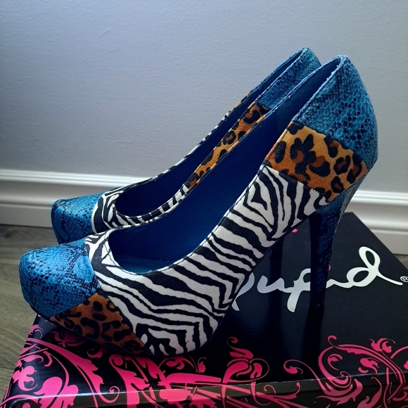 Qupid | teal / black snake fabric ~ animal print block color High heel - Picture 4 of 9